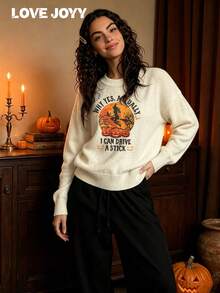 LOVE JOYY Women Fall Winter Off White Crew Neck Knit Sweater, Halloween Witch Pumpkin Letter Print, Drop Shoulder Loose Long Sleeve Pullover - Apricot - View 2