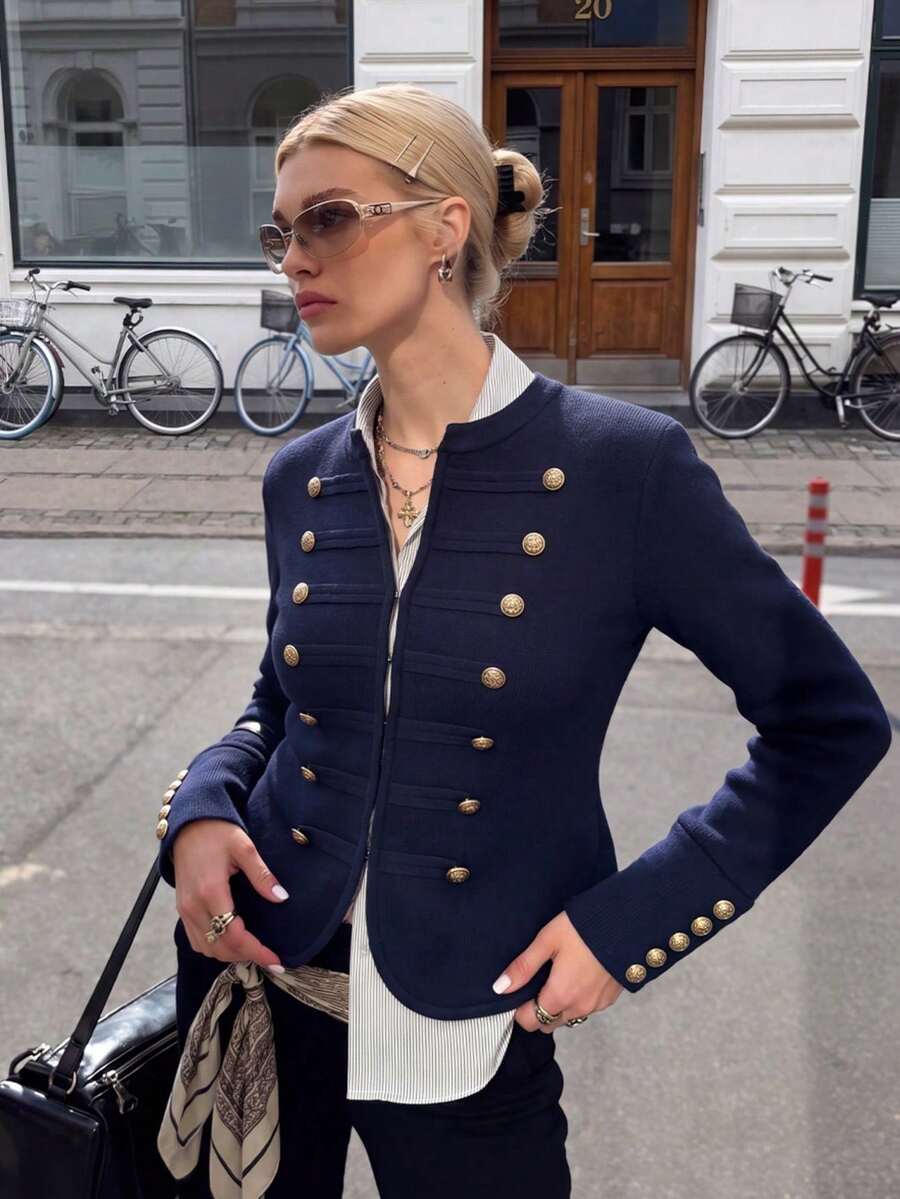 FGGG Women's Spring/Autumn Navy Blue Loose Elegant Long Sleeve Round Neck Button-Up Knit Cardigan - Navy Blue - View 1