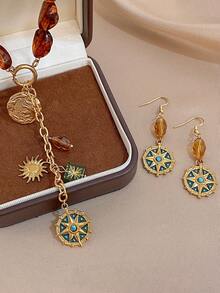1Pc/Set Boho Irregular Amber Beaded Chain Necklace Compass Pendant Dangle Earrings Jewelry Set,For Women,Party,Daily,Birthday,Christmas/Halloween/Fall - Multicolor - View 7