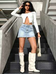 Women Denim Skirts - Light Blue 2069 - View 5