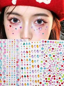 3Pcs Y2K Festival Face Gems Stickers Multicolor Mixed Heart Teardrop Round Self‑Adhesive Rhinestones Facial Diamond Decals Colorful Crystal Jewels For Rave Christmas Halloween Cosplay Body Eye Makeup Decor - Multicolor - View 9