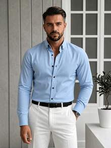 Men's Long Sleeve Casual Fashion Design Formal Shirt, Versatile Commuter Top For Spring And Autumn - Blue - View 4