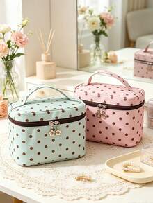 Cute Polka Dot Travel Makeup Bag With Makeup Brush Compartment,Large Capacity Cosmetic Organizer Case With Handle, Waterproof Toiletry Storage Pouch - Multicolor - View 6