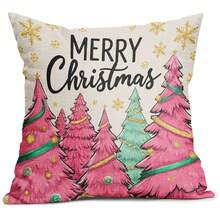 1/2/4Pcs Merry Christmas Pink Tree Pillow Cover, Gold Snowflake Vintage Farmhouse Cushion Case, Colorful Xmas Holiday Sofa Throw Pillowcase (No Insert) - Multicolor - View 4