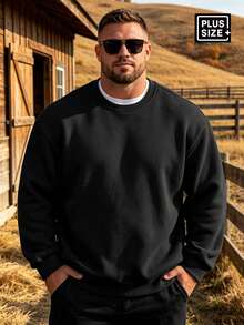 1XL-5XL Plus Size Men's Solid Color Drop Shoulder Long Sleeve Casual Sweatshirt, Autumn/Winter Back To School Season - Black - View 1