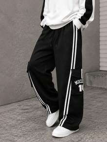 Black Side Double Stripe Letter Print Cargo Sweatpants, Elastic Drawstring Wide Leg American Street Casual Long Pants For Men - Black - View 2