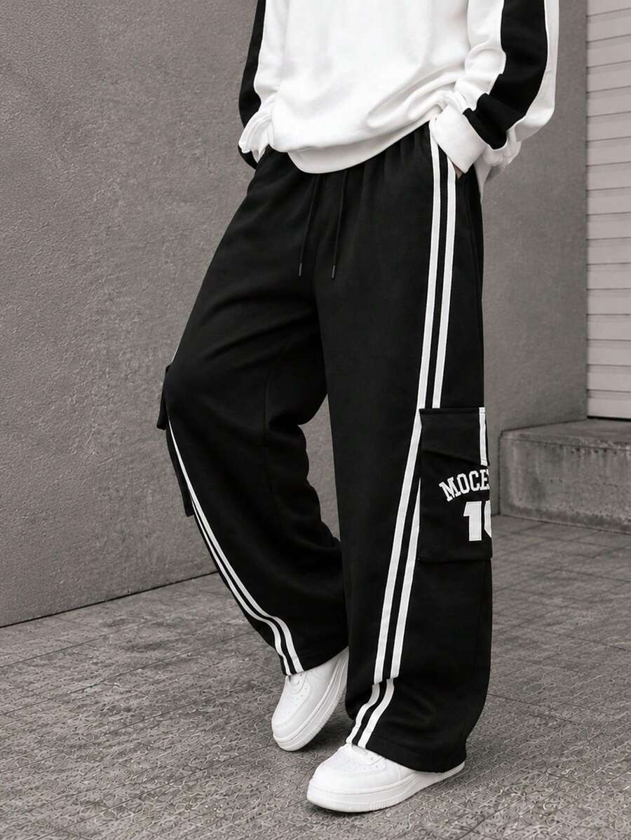 Black Side Double Stripe Letter Print Cargo Sweatpants, Elastic Drawstring Wide Leg American Street Casual Long Pants For Men - Black - View 1