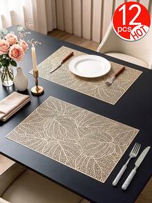 2-12pcs Gold Leaf Placemats, PVC Material Minimalist Style Foil Stamped Vase Mat, Washable, Easy To Clean, Wipeable, Non-Slip, Heat Resistant, Table Mat, Suitable For Room Decor, Home Table Decor, Home Decoration, Ideal For Holidays, Parties, Birthdays, Weddings And Dinner Parties - Multicolor - View 14