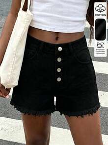 Minimalist Personalized Versatile Daily Vacation Style Women Light-Colored Washed Denim Four-Button Design Frayed Edge Shorts Casual Black Summer - Black - View 1