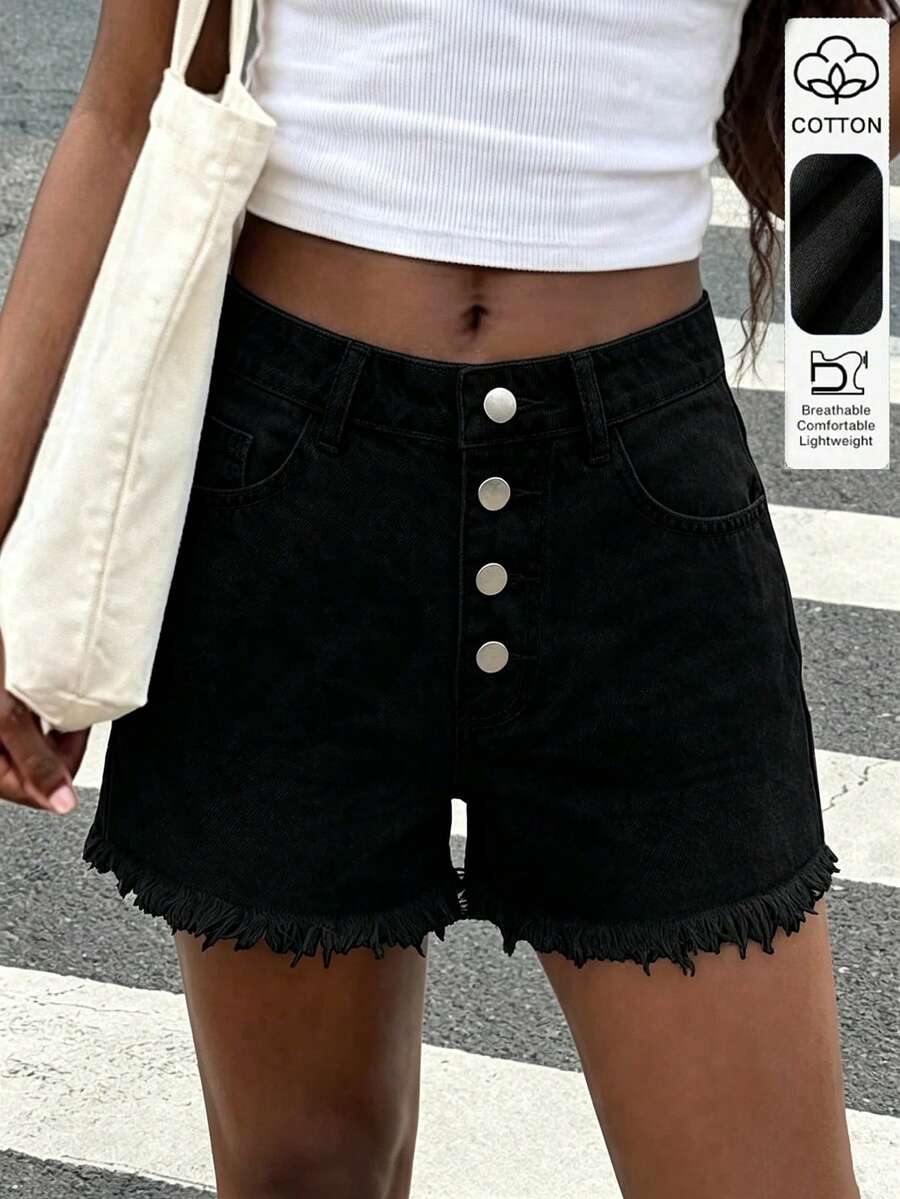 Minimalist Personalized Versatile Daily Vacation Style Women Light-Colored Washed Denim Four-Button Design Frayed Edge Shorts Casual Black Summer - Black - View 1