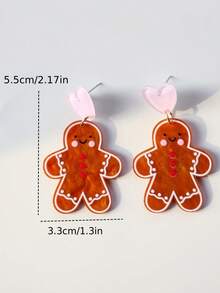 Anting Gantung Akrilik Bentuk Manusia Kue Jahe Natal dengan Motif Riak Air dan Hati Cokelat, Hadiah Elegan, Imut, Minimalis, dan Serbaguna - Coklat - View 5