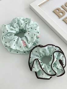 1pc Fresh Mint Chocolate Polka Dot Double Layer Fabric Trim Scrunchie, New Niche Hair Accessory - Multicolor - View 2