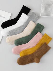 Random 4 Pairs Women's Mid-Crew Socks - Solid Cable Knit Plain Cuff Slouchy - Versatile For Casual Everyday Wear - Multicolor - View 2