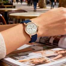 GUESS GW0451L2 Women's Quartz Watch, Rose Gold Case With Crystal Bezel, White Multi-Function Dial, Navy Blue Silicone Strap Fashion Watch - GW0451L2 - View 3