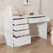 Desk, Simple Kids' Desk, Timeless Computer Desk/Dressing Table, With 5 Storage Drawers, Pink Ceramic Handles, Suitable For All Ages, White, 120*45*74 Cm - White - View 7