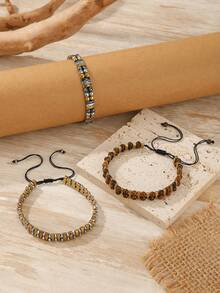 1pc Men's Tiger Eye & Black Onyx Beaded Woven Bracelet, Adjustable, Suitable For Daily Wear, Outings, Matching Accessories, Gift - Multicolor - View 2