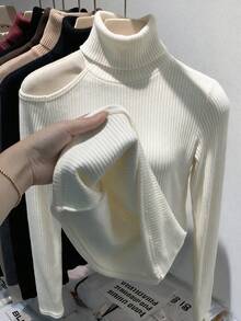 Atasan Rajut Wanita Model Ribbed dengan Kerah Lipat dan Bahu Terbuka, Gaya Komuter Y2K, Musim Gugur/Dingin - Aprikot - View 6