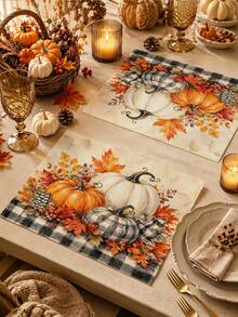Thanksgiving Kitchen Decor Table Runner, Throw Pillow, Placemats, Autumn Black & White Plaid Pumpkin Maple Leaf Berry Pattern Table Runner, Farmhouse Rustic Vintage Style Dining Table Kitchen Decoration - Multicolor - View 5