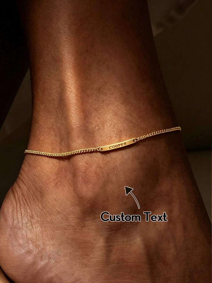 1pc Customized Engraved Mini Bar Anklet With Horse Bit Chain | Personalized Delicate Name Stackable Bracelet | Gift For Friends | Gift For Women | Perfect Gift - Multicolor - View 1