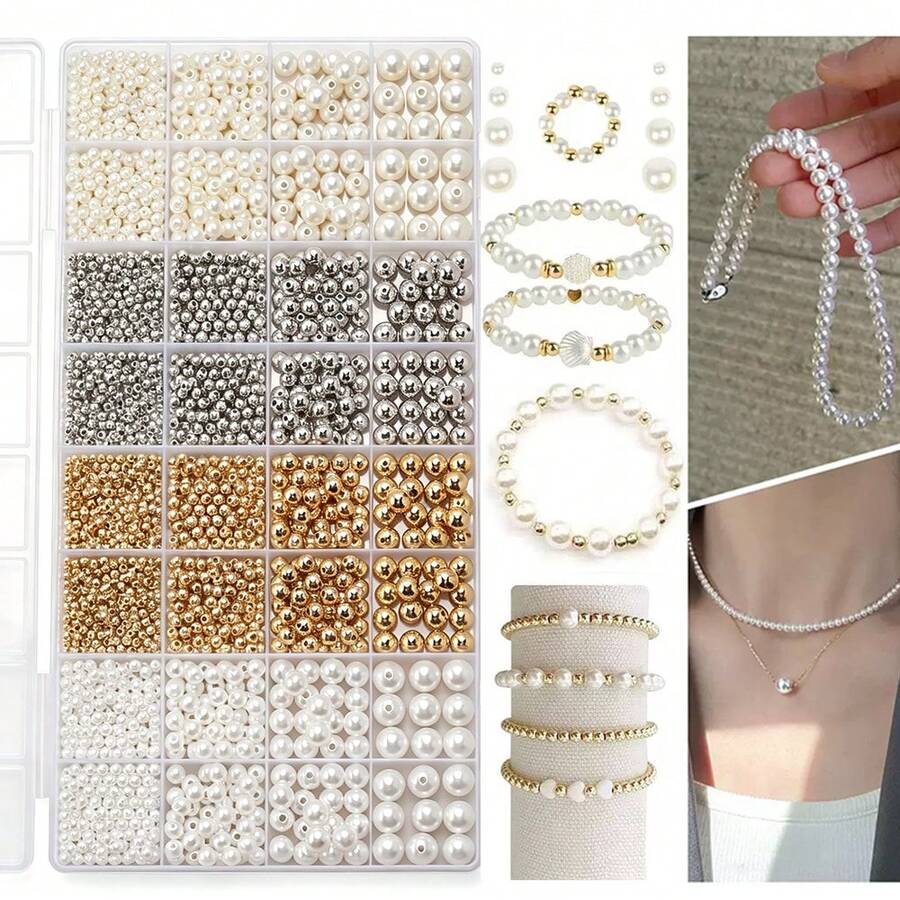 32 Grid Loose Bead Smooth Round Bead With Hole Faux Pearl, 2/3/4/5mm, Gold Silver White Off White Pearl Set, Suitable For DIY Bracelets, Necklaces, Handmade Crafts - Multicolor - View 1