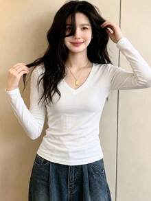 Women's Simple Solid Color V-Neck Slim Fit Long Sleeve T-Shirt, Autumn Versatile Slimming Elastic Base Layer Top - White - View 3