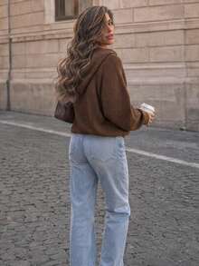 Brown Hooded Two-Way Zipper Ribbed Knit Drop Shoulder Long Sleeve Cardigan Women Cozy Casual Halloween Christmas New Year Fall Winter - Brown - View 3