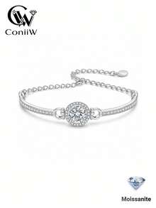 ConiiW A Versatile 925 Sterling Silver Bracelet/Bangle With A 1-Carat Moissanite, Perfect For Everyday Wear, Dates, Or Commuting. - Silver - View 1