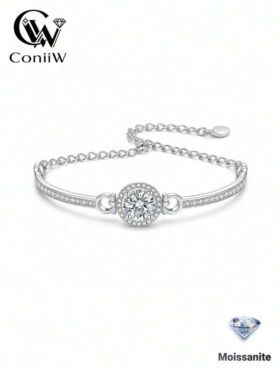 ConiiW A Versatile 925 Sterling Silver Bracelet/Bangle With A 1-Carat Moissanite, Perfect For Everyday Wear, Dates, Or Commuting. - Silver - View 1