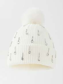 1pc Women's Fashion Handmade Rhinestone Raindrop Heavy Embellished Pom Pom Knit Beanie Hat, Suitable For Autumn/Winter Daily Warmth And Travel Outfit - A - View 10
