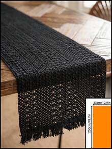 1pc Black Hollow Woven Table Runner, Modern Minimalist Style, Long Strip Shape With Tassel Edge And Hollow Texture Detail Decoration, Functional Dining Table Runner Suitable For Modern Restaurant Decor And Daily Home Decoration Scenes - Black - View 16