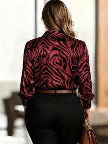 HOMEYEE Plus Size Fashion Contrast Color Geometric Pattern Long Sleeve Front Button Shirt, Suitable For Travel, Commute And Office Wear - Burgundy - View 3