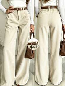 Women's Casual Commuter Fashion Solid Color High Waist Corduroy Wide Leg Pants [No Belt] - Apricot - View 1