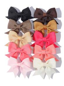 10pcs Classic Earth Tone Bow Hair Clips Set, Ribbed Elastic Hair Accessories, Simple Daily Hair Ornaments For Girls - Mixed color - View 12