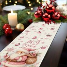 1pc Pink Santa Claus Christmas Ball Pine Branch Berry Gift Snowflake Print Rectangular Table Runner, Christmas New Year Decoration Tablecloth, Suitable For Kitchen Dining Table Home Holiday Decor, Indoor Outdoor Family Gathering Party Supplies - Pink - View 7
