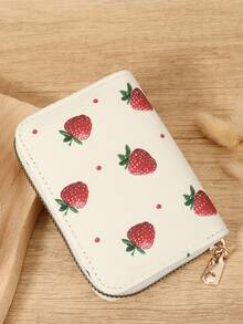 Fashionable Strawberry Printed Simple Portable Coin Wallet Zipper, Multi Slot Simple Credit Card Holder, Multi-Purpose Women's Wallet Card Bag - White - View 3