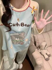 2pcs Women's Pajama Loungewear Set, Cute Pattern Print Pullover Round Neck Simple Long Sleeve Long Pants, All Season Wear - Multicolor - View 8