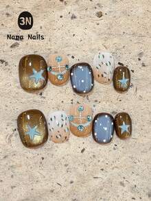 10pcs Pure Handmade Press On Nails Short Squoval, Brown Cat Eye With Blue Leopard Print, Star Charms, Rhinestone Chain & White Dots, Handmade Fake Nails For Women And Girls, Fall Autumn, Y2K, Date Night - Blue-brown - View 9