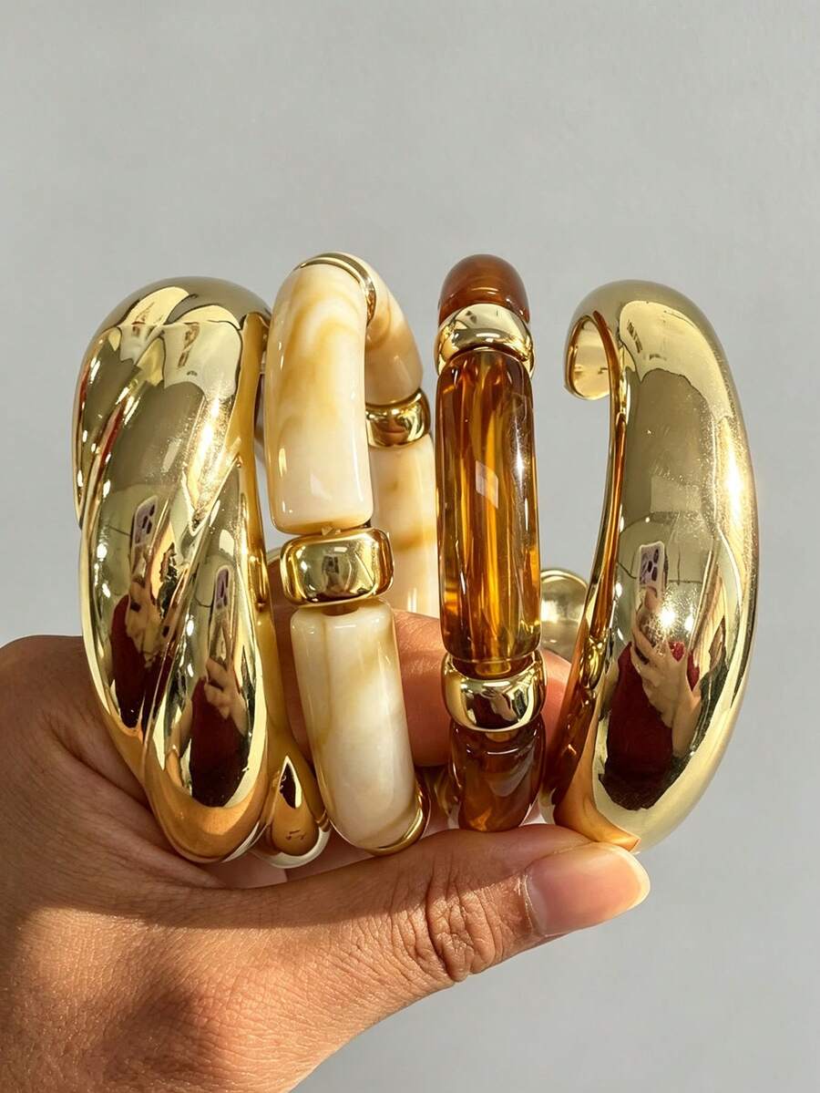 4/1pc Set Elegant Casual Style Bamboo Knot Twist Resin And CCB Gold Bracelet Set Suitable For Women All Season Daily Commute Date And Vacation Layering Gift - Multicolor - View 1