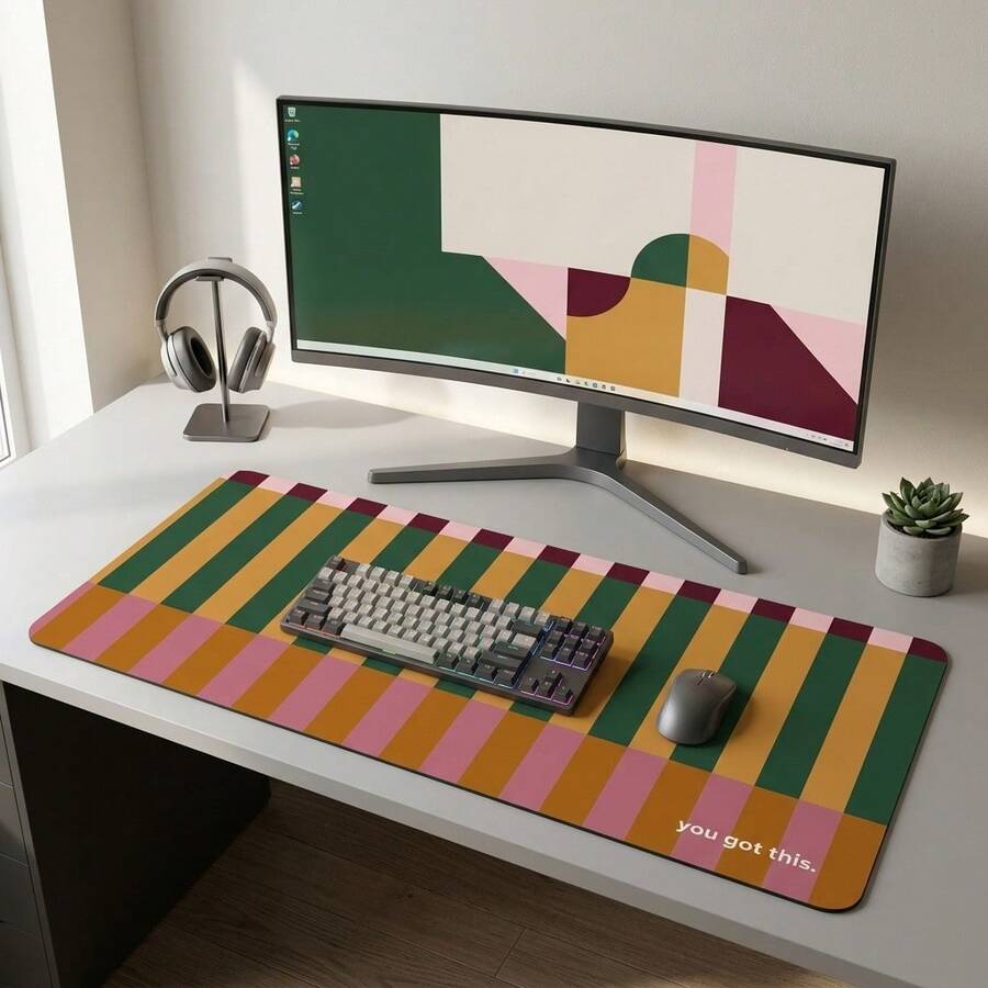 Striped Pink Burgundy Green Pattern Extra Long Gaming Mouse Pad And Desk Mat Set, Non-Slip Durable Rubber Base, Smooth Surface, Suitable For Computer Laptop Office Home, Abstract Art Decor, Back To School Supplies - A - View 1
