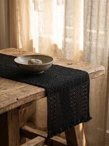 1pc Black Hollow Woven Table Runner, Modern Minimalist Style, Long Strip Shape With Tassel Edge And Hollow Texture Detail Decoration, Functional Dining Table Runner Suitable For Modern Restaurant Decor And Daily Home Decoration Scenes - Black - View 9