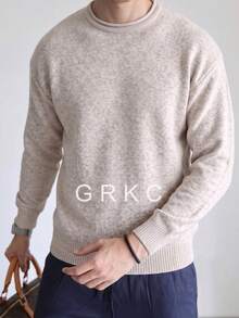 Autumn Back To School Men's Loose Fit Solid Color Minimalist Unisex Round Neck Pullover Long Sleeve Knit Sweater Top - Grey - View 5