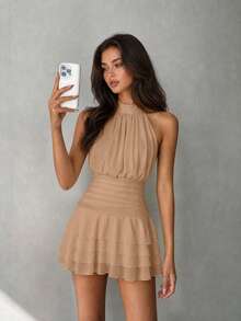 Elegant Halter Neck Backless Mini Dress With Tiered Ruffle Hem Wedding - Khaki - View 3