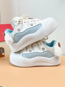 Children's Paw Print Decor Thick Sole Lace-Up Soft Bottom Anti-Slip Girls' Campus Breathable Casual Stable Shoes - Blue - View 3