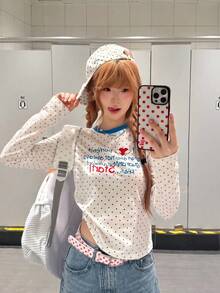 Casual Cute All-Over Polka Dot Colorblock Long Sleeve Women's Top Autumn Base Layer - White - View 2