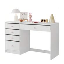 Desk, Simple Kids' Desk, Timeless Computer Desk/Dressing Table, With 5 Storage Drawers, Pink Ceramic Handles, Suitable For All Ages, White, 120*45*74 Cm - White - View 1