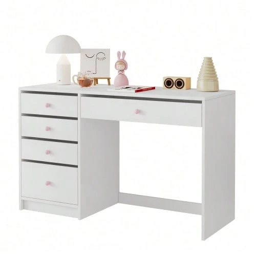 Desk, Simple Kids' Desk, Timeless Computer Desk/Dressing Table, With 5 Storage Drawers, Pink Ceramic Handles, Suitable For All Ages, White, 120*45*74 Cm - White - View 1