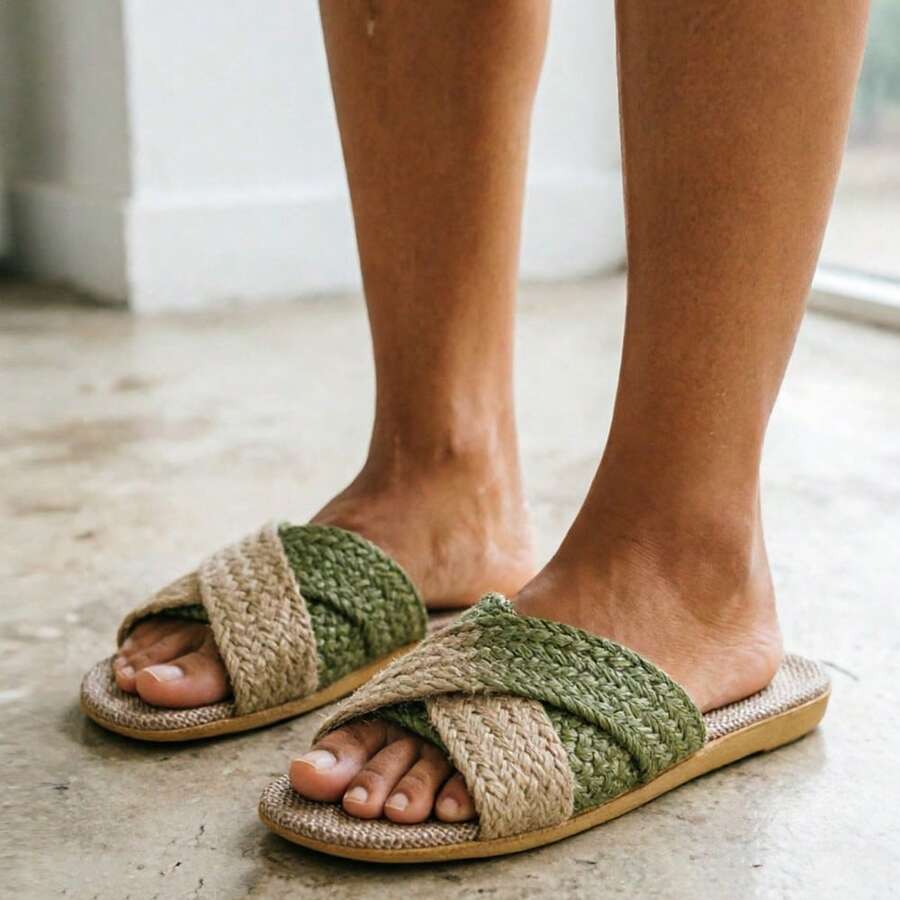 Summer Linen Slippers Lightweight Non-Slip Indoor Slippers Soft Sole Home Slippers Fashion Minimalist Bedroom Slippers - Olive Green - View 1