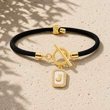 Initial Charm Black Rope Gold Plated Letter Bracelets For Women Men Toggle Closure Cubic Zirconia Tag - Yellow Gold - View 16