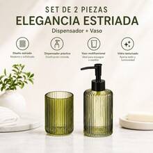 Glass Bathroom Accessory Set With Ribbed Design, Includes 350ml Soap Dispenser And Toothbrush Tumbler, Elegant 2-Piece Vanity Set - Green - View 3