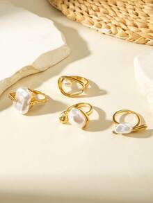 4pcs/Set Minimalist Fashion Alloy Asymmetric Baroque Resin Faux Pearl Multi-Combination Ring Set, Suitable For Women's Daily Commute, Date Outfits, Jewelry Gift - 31066-ring-g-eP - View 4